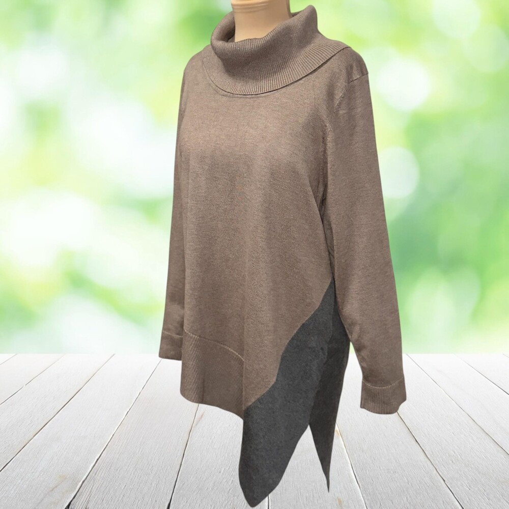 New CHICOS Asymmetric Tunic Sweater Cowl Neck Colorblock Taupe Gray Size 2 (L)